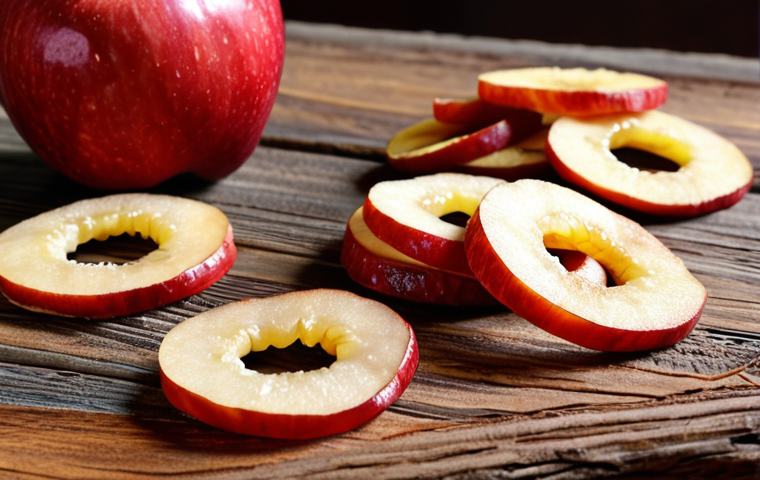 **

A close-up, vibrant shot of thinly sliced dried apple rings, some sprinkled with cinnamon, arranged artfully on a rustic wooden surface. Focus on the textures and colors.

**