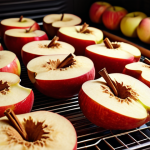 A close-up shot of sliced apples drying in a food dehydrator, dusted with cinnamon. Focus on the texture and warm color tones.