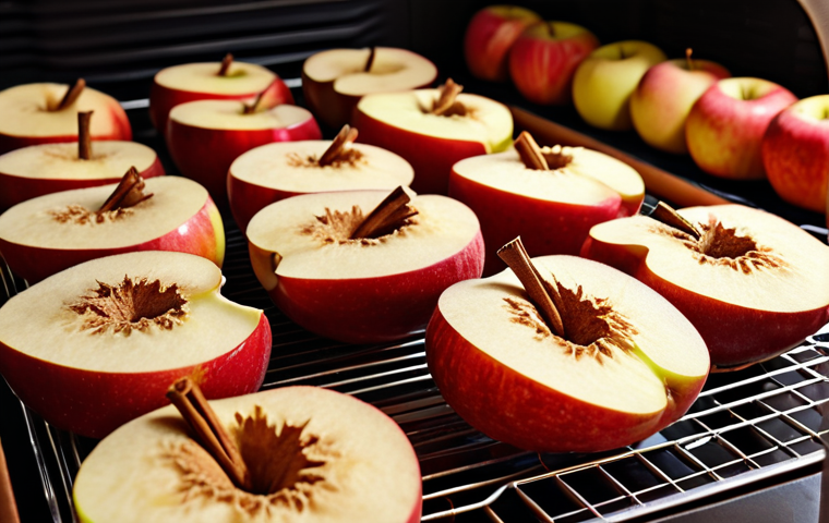 A close-up shot of sliced apples drying in a food dehydrator, dusted with cinnamon. Focus on the texture and warm color tones.