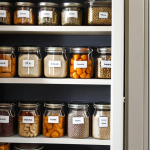 **

A well-organized "voorraadkast" (pantry) filled with neatly labeled glass jars and airtight containers. Some containers show dried herbs, others dried fruits like "rozijnen" (raisins) and "abrikozen" (apricots). A moisture absorber pack is visible on one of the shelves. Soft, diffused light highlights the freshness and organization. Focus on creating a cozy and inviting, yet practical, storage scene for dried goods in a typical Dutch household.

**