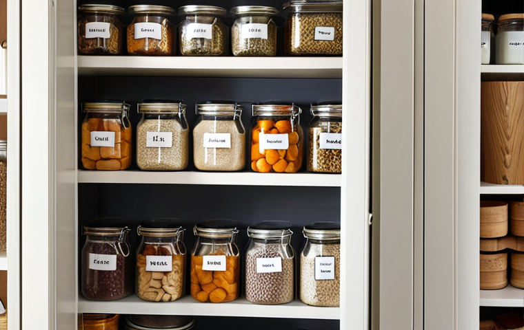 **

A well-organized "voorraadkast" (pantry) filled with neatly labeled glass jars and airtight containers. Some containers show dried herbs, others dried fruits like "rozijnen" (raisins) and "abrikozen" (apricots). A moisture absorber pack is visible on one of the shelves. Soft, diffused light highlights the freshness and organization. Focus on creating a cozy and inviting, yet practical, storage scene for dried goods in a typical Dutch household.

**
