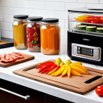 **A well-organized kitchen setup for food dehydration:** Focus on a clean countertop featuring a digital food dehydrator with visible temperature controls, a sharp chef's knife next to a wooden cutting board, and assorted colorful sliced fruits and vegetables (like apples, tomatoes, and bell peppers) ready for drying. Jars, labels, and spices are visible in background.