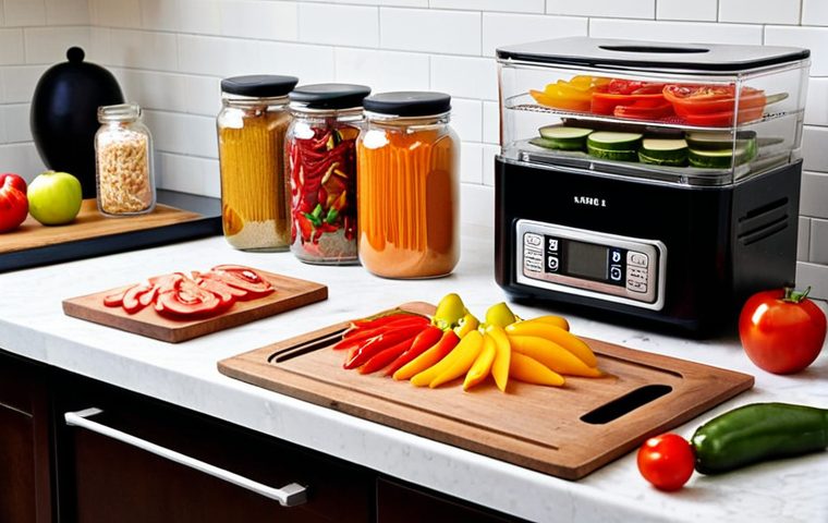 **A well-organized kitchen setup for food dehydration:** Focus on a clean countertop featuring a digital food dehydrator with visible temperature controls, a sharp chef's knife next to a wooden cutting board, and assorted colorful sliced fruits and vegetables (like apples, tomatoes, and bell peppers) ready for drying. Jars, labels, and spices are visible in background.