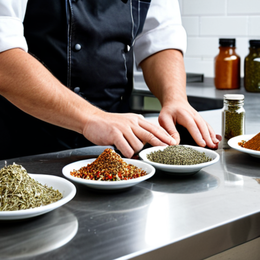 **
"A professional chef in a clean, modern kitchen, fully clothed in a chef's uniform, preparing dried herbs at a stainless steel countertop. Jars of dried herbs and spices are neatly organized in the background. Perfect anatomy, natural proportions, well-formed hands, proper finger count, safe for work, appropriate content, fully clothed, professional photography, high quality."
**