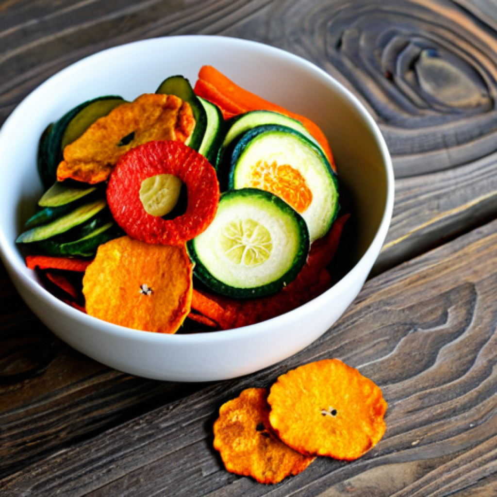 Colorful Vegetable Chips**
"A vibrant assortment of homemade vegetable chips displayed on a rustic wooden table. Featuring bright red paprika rings, green zucchini slices, and orange carrot crisps. The scene is bathed in warm, natural light, emphasizing the textures and colors. fully clothed, appropriate attire, safe for work, perfect anatomy, natural proportions, professional photography, high quality, modest"
**