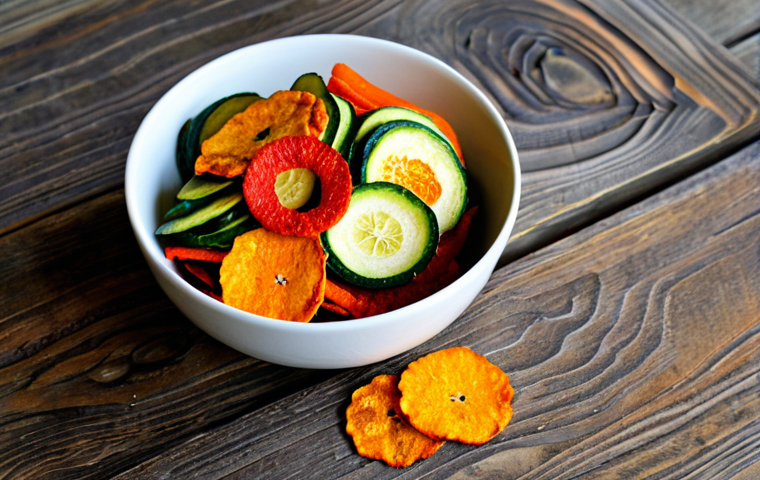 Colorful Vegetable Chips**
"A vibrant assortment of homemade vegetable chips displayed on a rustic wooden table. Featuring bright red paprika rings, green zucchini slices, and orange carrot crisps. The scene is bathed in warm, natural light, emphasizing the textures and colors. fully clothed, appropriate attire, safe for work, perfect anatomy, natural proportions, professional photography, high quality, modest"
**