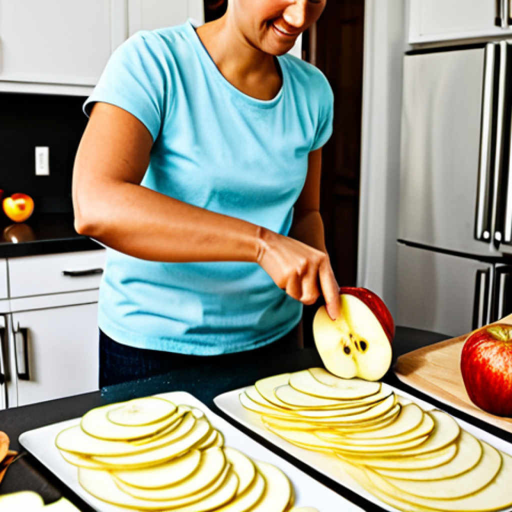 글루텐 프리 건조 식품 제조법 - Apple Chips Preparation**
"A well-lit kitchen scene showcasing a person slicing apples into thin sl...