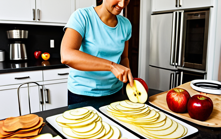 글루텐 프리 건조 식품 제조법 - Apple Chips Preparation**
"A well-lit kitchen scene showcasing a person slicing apples into thin sl...