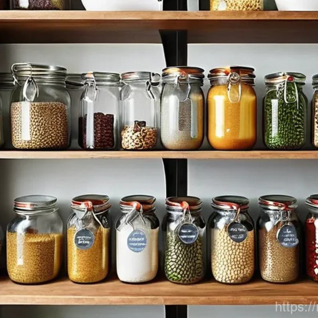 건조 식품을 활용한 다양한 레시피 - **Prompt:** A cozy and meticulously organized kitchen pantry. Rows of clear, labeled glass jars line...