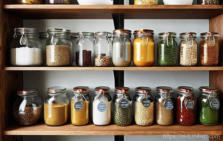건조 식품을 활용한 다양한 레시피 - **Prompt:** A cozy and meticulously organized kitchen pantry. Rows of clear, labeled glass jars line...