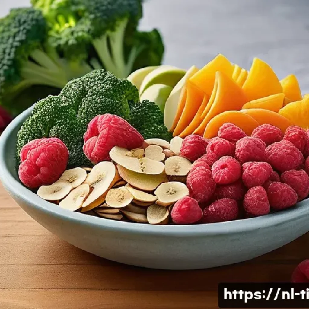 건조 식품 제조와 관련된 연구 동향 - **Prompt:** A vibrant, detailed still life photograph showcasing a variety of exquisitely freeze-dri...