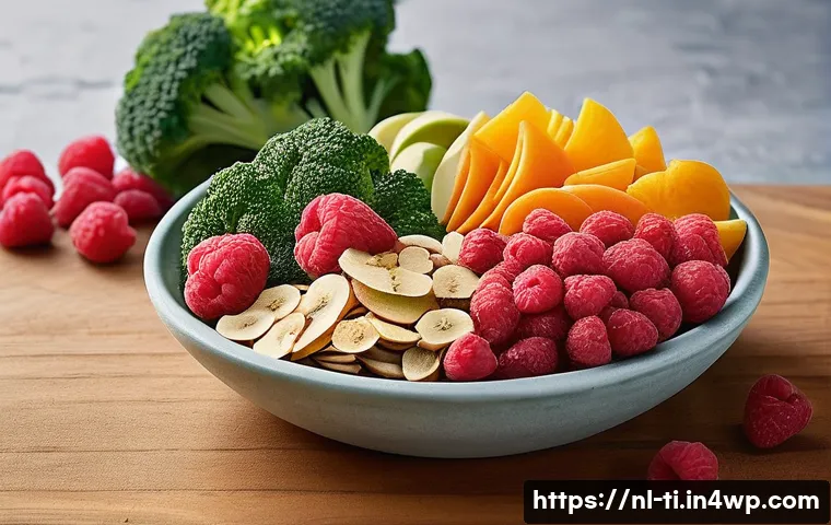 건조 식품 제조와 관련된 연구 동향 - **Prompt:** A vibrant, detailed still life photograph showcasing a variety of exquisitely freeze-dri...