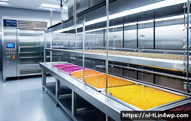 건조 식품의 최신 연구 동향 및 발전 방향 - A modern food processing factory interior showcasing advanced freeze-drying technology in action: la...