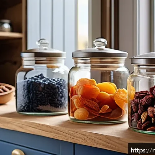 Home 32 건조 식품의 특징과 품질 요소 분석 - A rustic kitchen scene featuring a variety of dried foods prominently displayed on wooden shelves an...