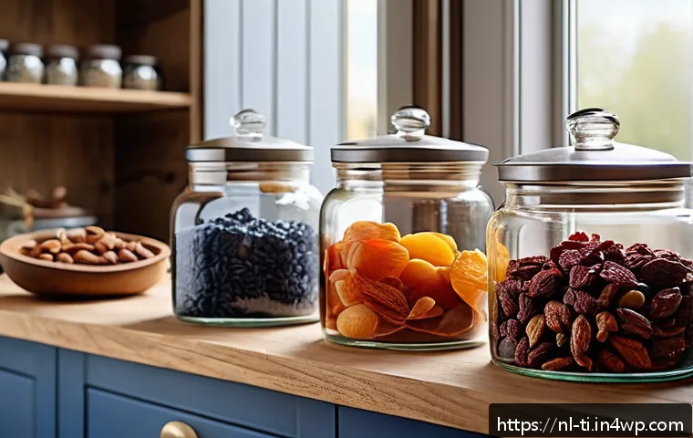 건조 식품의 특징과 품질 요소 분석 - A rustic kitchen scene featuring a variety of dried foods prominently displayed on wooden shelves an...