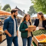 Home 19 건조 식품의 새로운 비즈니스 모델 탐구 - A vibrant Dutch local farmer’s market scene showcasing organic dried fruits and vegetables displayed...