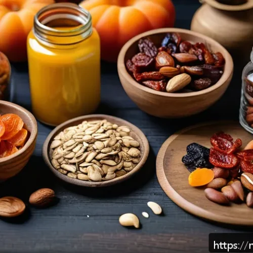 Home 17 건조 식품과 건강식 균형 잡힌 식사 구성하기 - A vibrant and detailed close-up of a rustic wooden table spread with an assortment of dried foods po...