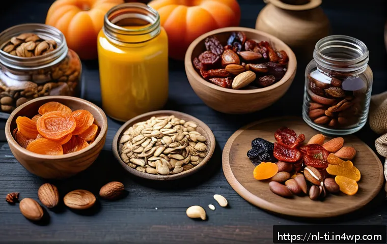 건조 식품과 건강식 균형 잡힌 식사 구성하기 - A vibrant and detailed close-up of a rustic wooden table spread with an assortment of dried foods po...
