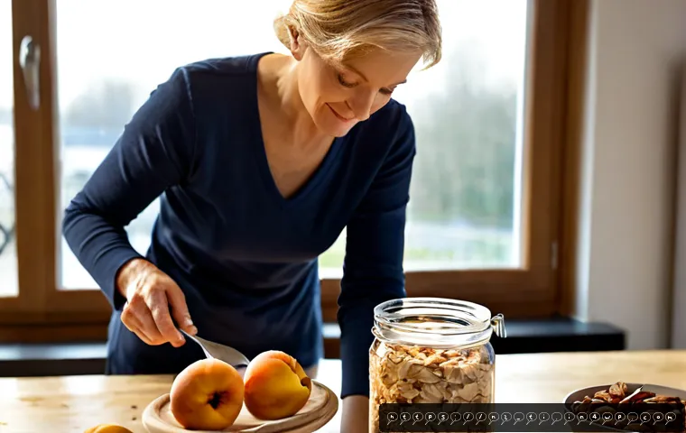 Home 17 건조 식품과 건강한 라이프스타일의 연관성 - Photorealistic Dutch kitchen breakfast scene showing a clear glass jar of dried apple rings, apricot...