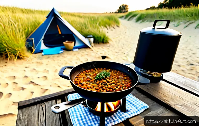 Home 17 건조 식품을 활용한 캠핑 요리 아이디어 - Photorealistic Dutch campsite cooking scene at golden hour, a cast-iron pot of hearty lentil stew si...