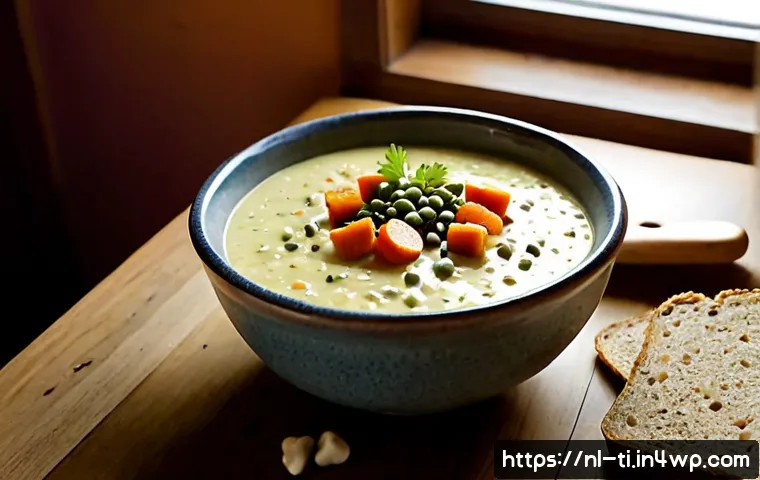 Home 17 건조 식품을 활용한 특별한 레시피 아이디어 - Photorealistic Dutch home kitchen, a rustic ceramic bowl of creamy dried split pea soup with crisp r...