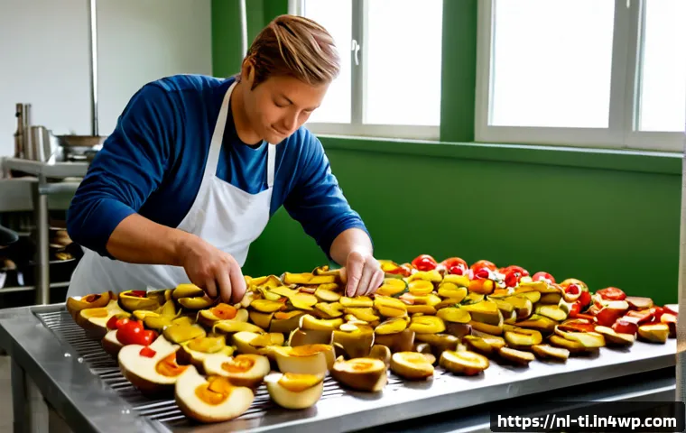 건조 식품 제조에 대한 다양한 시각 - Photorealistic Dutch food artisan arranging neatly sliced dried apples, mushrooms, herbs, and tomato...