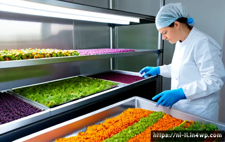 건조 식품 산업의 미래와 혁신 기술 - Photorealistic modern Dutch food innovation laboratory, a technician in clean protective clothing in...